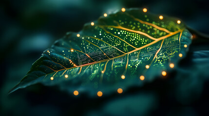Leaf with vibrant green veins, with circuit board patterns against a dark background, symbolizing the intersection of nature and technology in a sustainable future