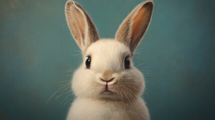 Obraz premium A close-up portrait of a cute white rabbit with prominent ears and brown markings on a blue background, showcasing its fluffy fur and gentle gaze.
