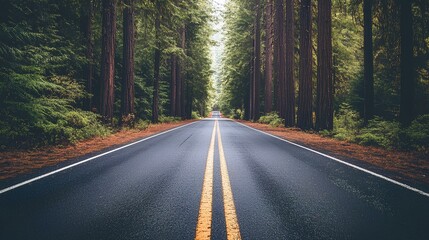 Fototapeta premium A tranquil road surrounded by tall trees, leading into a lush green forest, inviting exploration and adventure.