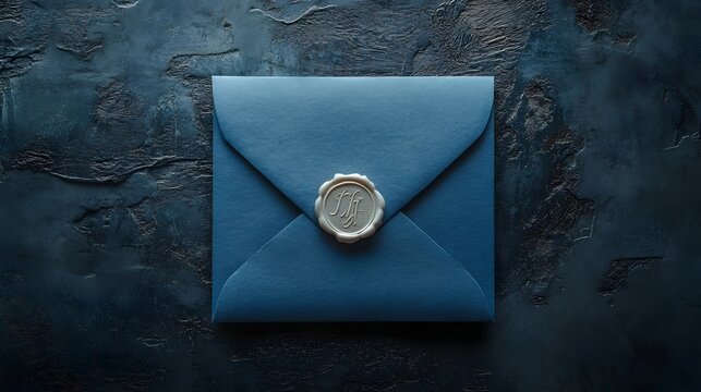 An elegant blue envelope with a white wax seal is presented in a flat lay arrangement, highlighting its minimalist design and professional aesthetics under soft lighting and subtle textures.