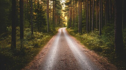 Fototapeta premium A tranquil forest pathway lined with trees, illuminated by soft natural light, inviting exploration and connection with nature.