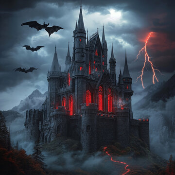 Halloween vampire castle with bats, 1:1 ratio