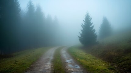 Obraz premium A misty path winds through tall evergreen trees, enveloped in fog, creating a serene and mysterious atmosphere in nature.