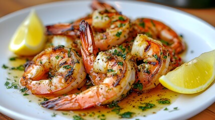 Grilled jumbo shrimp in garlic butter sauce are beautifully presented on a white ceramic plate, showcasing vibrant colors and succulent textures in close-up food photography of Mediterranean cuisine.