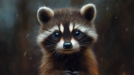 Fototapeta premium A close-up of a raccoon with a focused gaze, its face framed by dark markings, standing against a blurred dark background with visible floating particles.