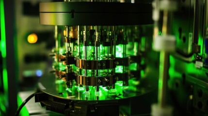 Quantum computing core in a cryptography lab, vibrant green glow illuminating high-tech equipment and intricate circuitry