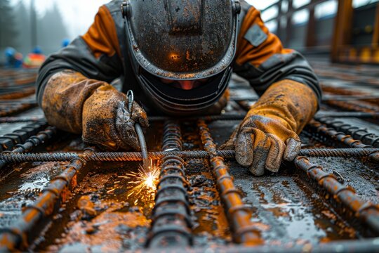 Welder assembles iron reinforcement for foundation, crafting a secure reinforcing cage
