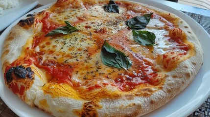 Freshly Baked Delicious Italian Pizza with Mozzarella Cheese Tomatoes and Basil Garnish