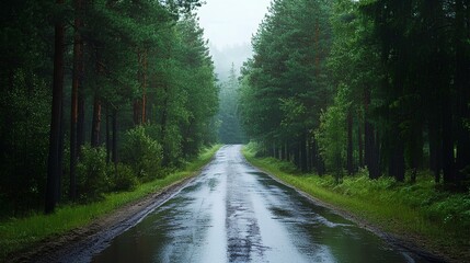 Fototapeta premium A serene, wet road winds through dense, lush greenery, surrounded by tall trees under a foggy sky, evoking tranquility and a sense of adventure.