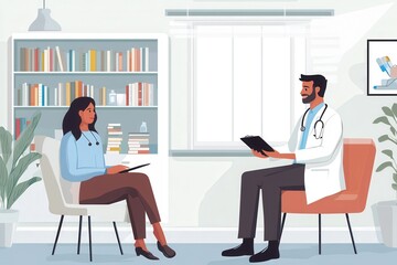 A doctor discusses a diagnosis with a patient in a bright, well-furnished consultation room filled with books and plants. Generative AI
