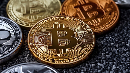 Digital currencies like Bitcoin are represented by shiny coins, showcasing their unique designs and value. This captures essence of cryptocurrency investment and technology