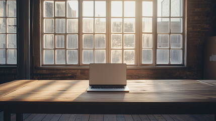 Fototapeta premium Empty desk with a closed laptop, in a large, open room with natural light streaming through the windows