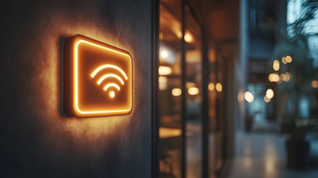 An illuminated Wi-Fi sign in a modern indoor setting showcases a clean minimalist design under soft ambient lighting, representing seamless connectivity in a contemporary office environment.
