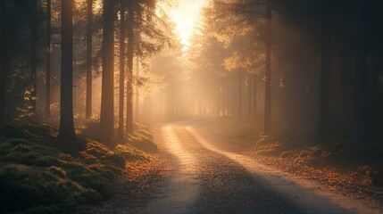 Obraz premium A serene forest scene bathed in warm sunlight, illuminating a winding path through tall trees and fallen leaves, creating a tranquil atmosphere.