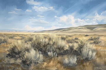 Desert landscape with sagebrush under a blue sky with clouds. Oil painting style illustration. Sagebrush. Ayuurveda. Ayurvedic herbs. Generative AI