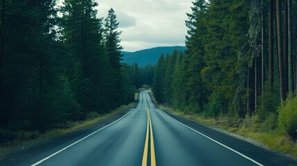 Naklejka premium A scenic road stretches through a dense forest, bordered by tall trees and mountains under a cloudy sky.