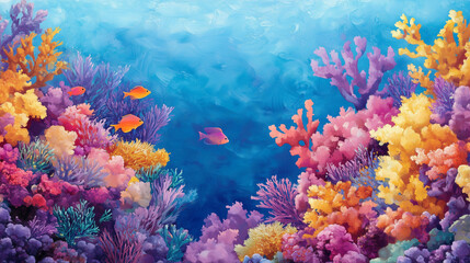 Fototapeta premium Vibrant coral reef scene with colorful corals and tropical fish swimming gracefully. underwater landscape showcases variety of hues, creating serene and lively atmosphere