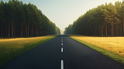 Fototapeta premium A serene road stretches through lush greenery, flanked by trees on either side, inviting exploration and adventure.