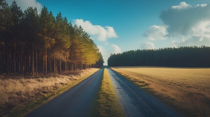 Obraz premium A serene landscape featuring a gravel road flanked by lush green trees leading through open fields under a blue sky.