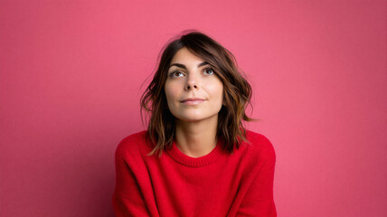 Fototapeta premium Pensive young woman in a red sweater looking up against a pink background