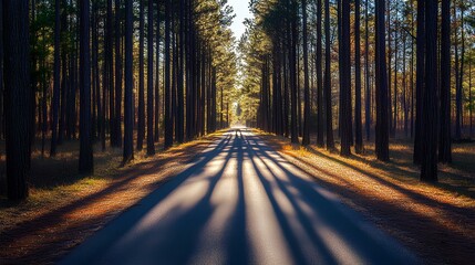 Fototapeta premium A tranquil road winding through tall trees, illuminated by soft sunlight, with shadows casting on the pavement amidst autumn leaves.