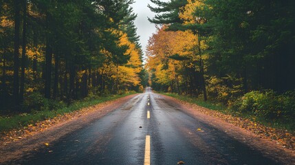 Fototapeta premium A serene road surrounded by trees with autumn foliage, inviting exploration through vibrant colors and a tranquil atmosphere.