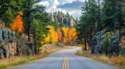 Obraz premium A winding road through a forest displaying vibrant autumn colors with rocky formations and cloudy skies.