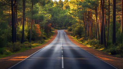 Fototapeta premium Road trip through a lush pine forest, car driving down the path, sense of freedom and journey