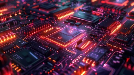 Futuristic circuit board with glowing electronic components and microchips symbolizing technology innovation and digital progress