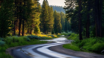 Fototapeta premium A winding river flows through a lush forest, illuminated by sunlight filtering through tall trees, creating a serene and picturesque landscape.