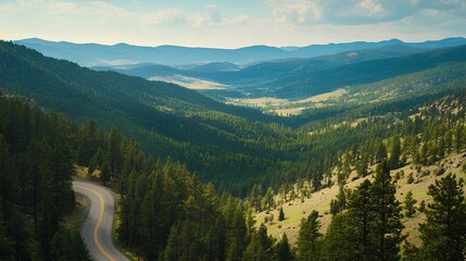 Fototapeta premium A winding road cuts through lush green valleys and rolling hills under a bright sky, showcasing a serene and picturesque mountain landscape.