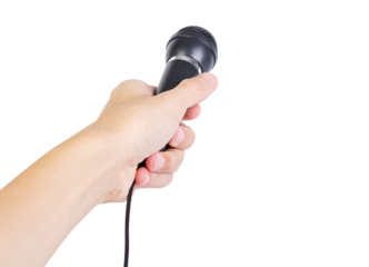Man hand holding black dynamic microphone isolated on white background