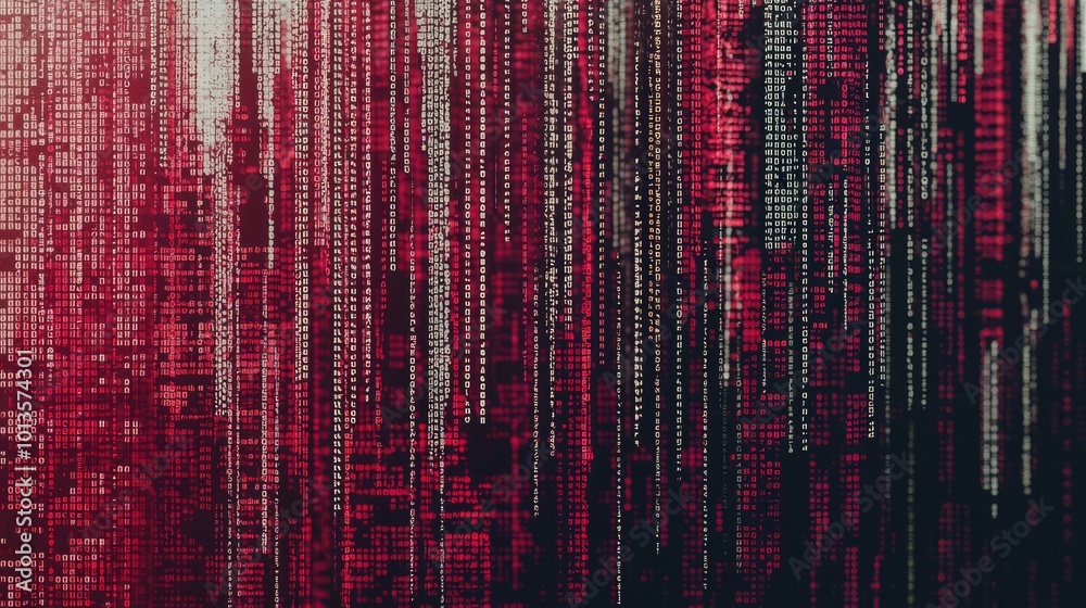 Wall mural abstract digital code with red and white text flowing down a black background