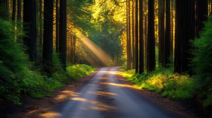 Fototapeta premium A serene forest path with sunlight filtering through tall trees, creating a peaceful, natural atmosphere.