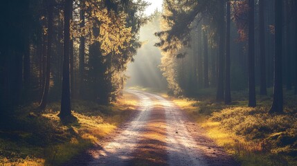 A sunlit forest path surrounded by tall trees, showcasing vibrant autumn colors and a peaceful atmosphere.