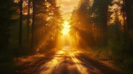 Obraz premium A serene forest scene at sunrise, featuring golden light filtering through tall trees onto a winding dirt path.
