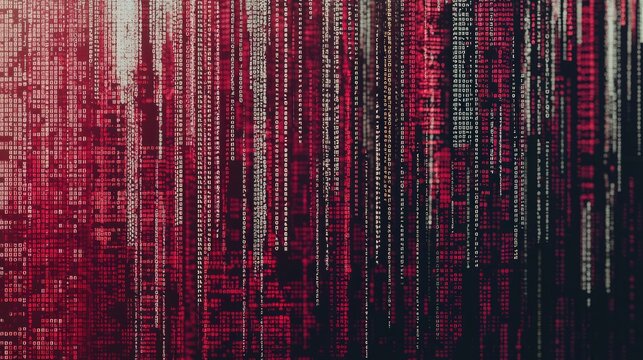 Abstract digital code with red and white text flowing down a black background