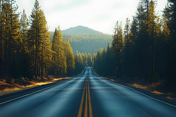 Naklejka premium Road trip with pine forest backdrop, car in motion capturing travel spirit