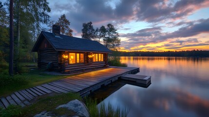 Fototapeta premium A lakeside log cabin at dusk features a vibrant sunset sky reflected on calm water, with warm light spilling from windows, capturing the essence of a cozy rustic retreat.