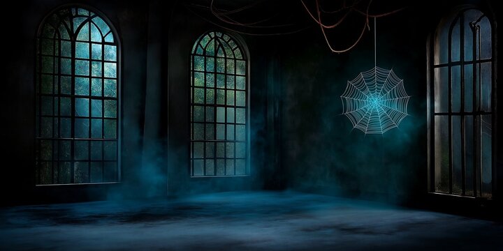 A large, lifelike spider spins a glowing web in the corner of a dark room. abandoned