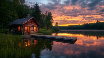 Fototapeta premium A lakeside log cabin at dusk features a vibrant sunset sky reflected on calm water, with warm light spilling from windows, capturing the essence of a cozy rustic retreat.