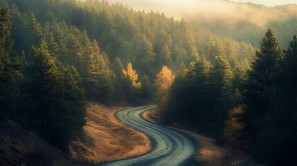 Obraz premium Road winding up a pine covered hill, sense of ascent and journey