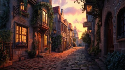 Obraz premium A charming cobblestone street at sunset, with the soft, golden light illuminating the buildings and casting a peaceful ambiance