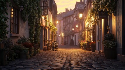 Obraz premium A charming cobblestone street at sunset, with the soft, golden light illuminating the buildings and casting a peaceful ambiance