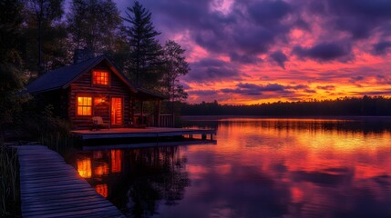Fototapeta premium A lakeside log cabin at dusk features a vibrant sunset sky reflected on calm water, with warm light spilling from windows, capturing the essence of a cozy rustic retreat.