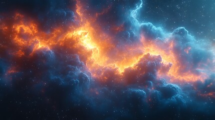 Abstract fiery cloudscape with blue and orange hues in dark space.