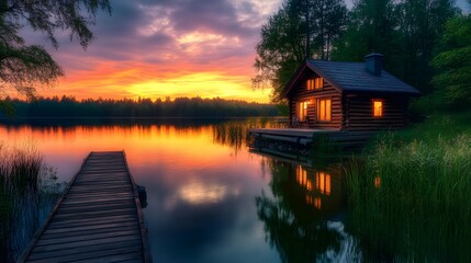A lakeside log cabin at dusk features a vibrant sunset sky reflected on calm water, with warm light spilling from windows, capturing the essence of a cozy rustic retreat.