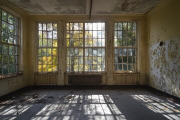 A haunted asylum with broken windows and shadows. 