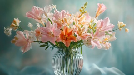 A clear glass vase filled with delicate pink and orange flowers, with soft natural lighting highlighting the vibrant colors and fragile petals