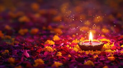 A single diya surrounded by deep red and yellow marigold petals, with glitters and sparkles in air, on a rich purple rangoli, low level angle, copy space, happy Diwali background, traditional, Indian 